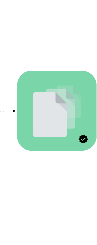 Icon of three overlapping documents on a green rounded square with a checkmark badge in the lower right corner.