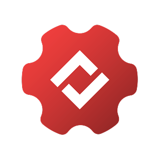 Red gear-shaped icon with a white stylized diamond and checkmark inside.