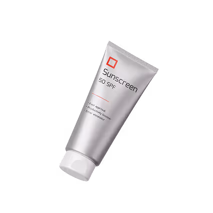 Silver tube of sunscreen labeled SPF 50 with white cap.