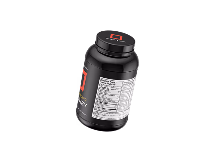 Black container of Diasprotein Standard Whey protein supplement with a visible nutrition facts label on the side.