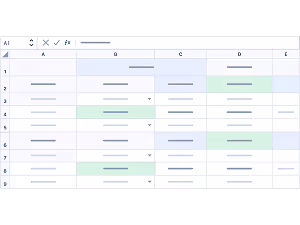 Spreadsheet with several rows and columns, some cells highlighted in light blue and green with dropdown arrows in some cells.