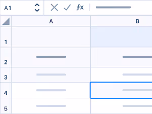 Close-up of a spreadsheet interface showing cells in columns A and B with some content in rows 2 to 4 and cell selection in row 4.