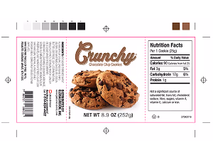 Package label for Crunchy Chocolate Chip Cookies showing product name, image of cookies, net weight 8.9 oz (252g), barcode, and nutrition facts.
