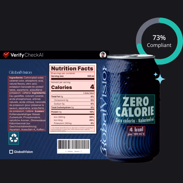 Can of GlobalVision beverage with nutrition facts and ingredients label showing zero calories, 4 kcal per 100 ml, and a 73% compliance verification graphic.