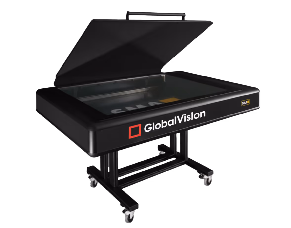 Large black flatbed scanner with the GlobalVision logo, on a wheeled stand with its lid open.