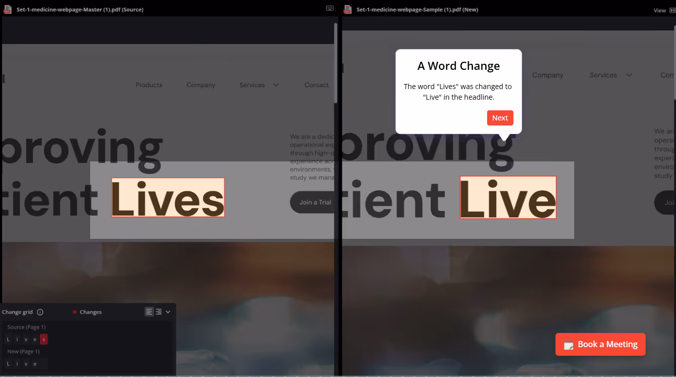 Side-by-side PDF comparison showing the word change from Lives to Live in a webpage headline.