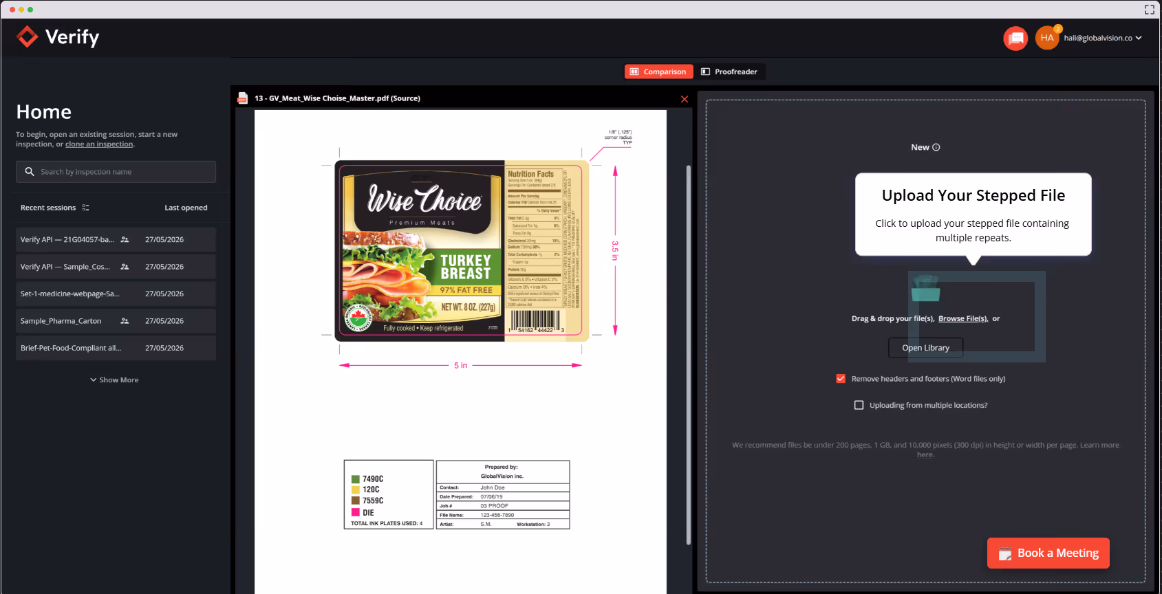 GlobalVision UI Verify app interface showing a turkey breast label PDF with measurements and an upload section for stepped files.