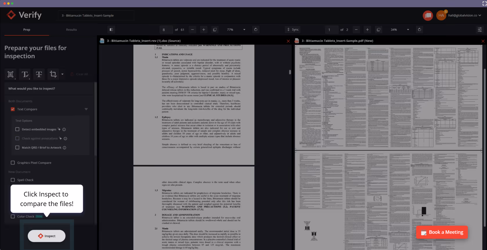 GlobalVision UI Verify Document comparison interface showing text compare option and two versions of Bittamucin Tablets document.