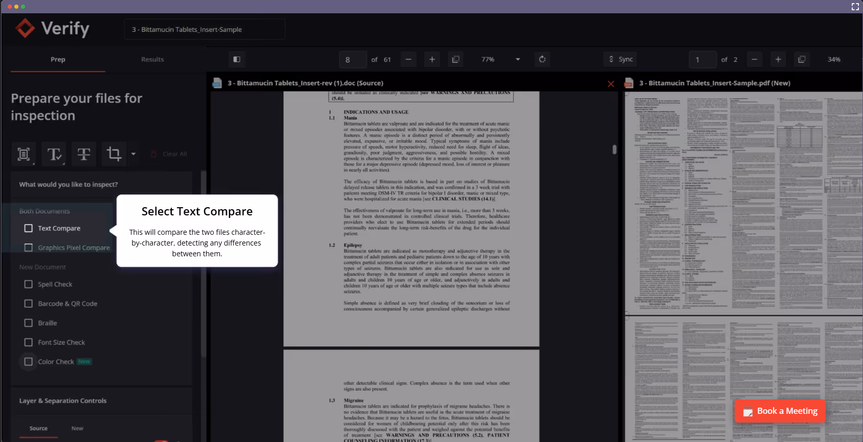 GlobalVision UI Verify Software screen shows document text comparison feature highlighting character-by-character differences.
