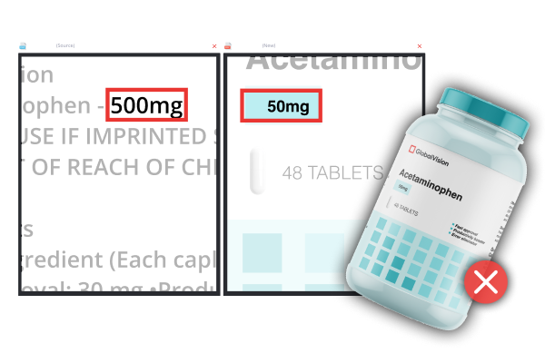 Comparison of acetaminophen doses: 500 mg vs. 50 mg tablets with prescription bottle.