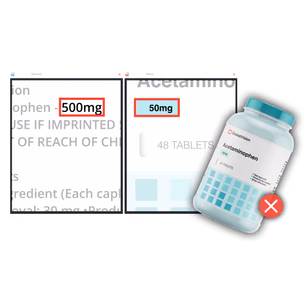 Comparison of acetaminophen doses: 500 mg vs. 50 mg tablets with prescription bottle.