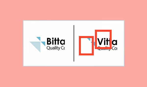 Two logos side by side; right shows red squares highlighting missing parts of letter shapes in 'Vitta'.