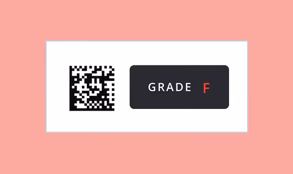 Black and white QR code next to a dark rectangle showing the grade letter F in red.