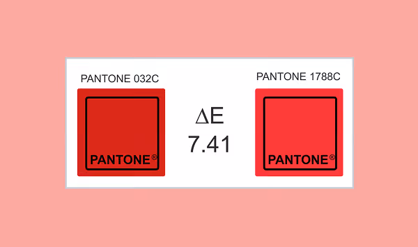 Comparison of Pantone 032C and Pantone 1788C colors with a color difference value of 7.41 delta E.