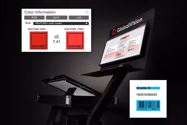 Scanner and screen showing GlobalVision software comparing Pantone color codes with barcode grading results.