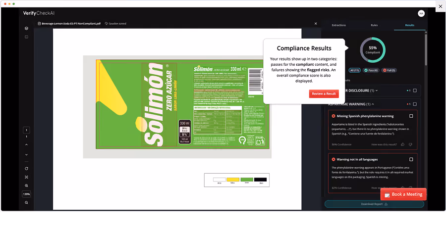 Software screen showing compliance results for a green 'Solimón' label with warnings and score details.