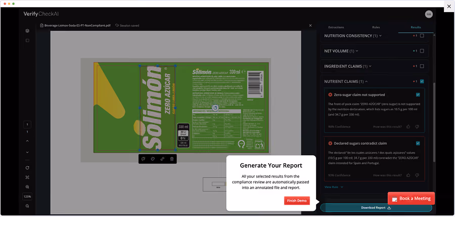 Screen shows a label verification tool checking a Solimón Zero Azúcar drink label with auto-fetched rules alert.