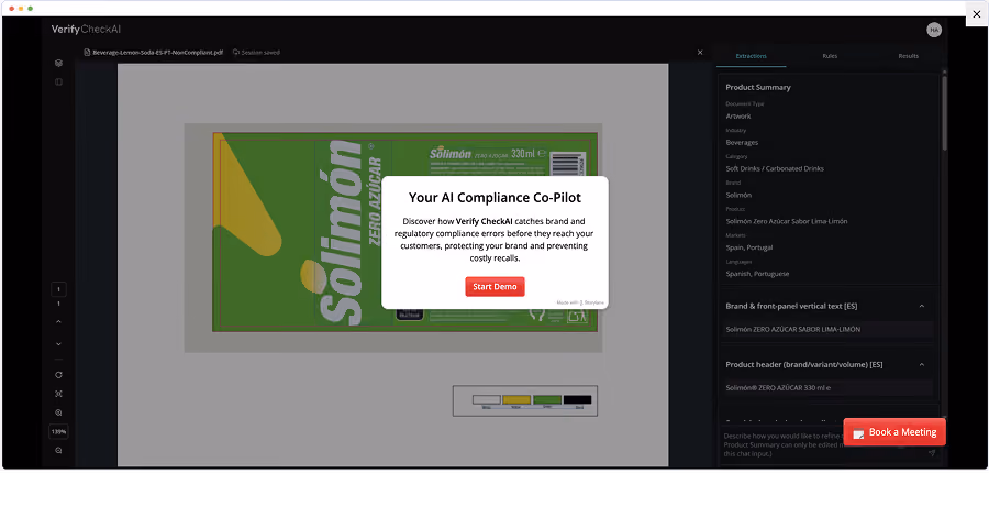 Screen showing VerifyCheckAI software analyzing a Solimón beverage label for compliance with AI assistance.