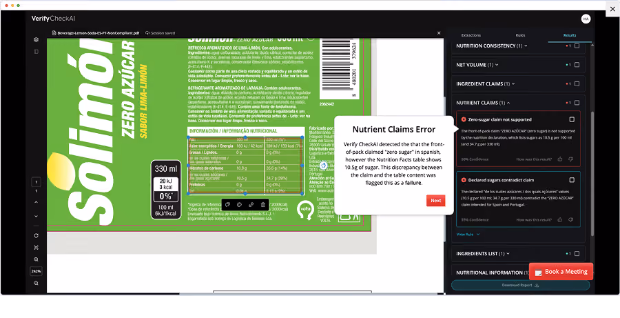 Screenshot of VerifyCheckAI showing a nutrient claim error on a Solimón Zero Azúcar drink label.