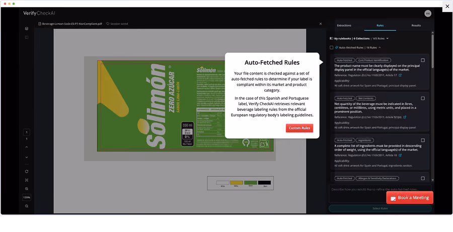 Screen showing label compliance report for a product called Solimón with options to download or book a meeting.