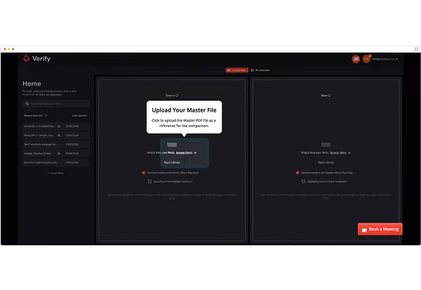 Interface screen for uploading and comparing master and new PDF files with options and a book meeting button.
