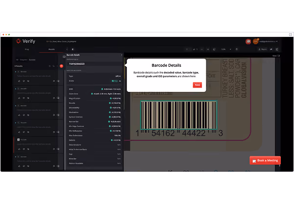 Software interface showing barcode details including decoded value, type, grade, and ISO parameters.