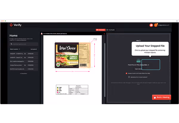 Screen showing Verify app with product label, upload stepped file section, and booking button.