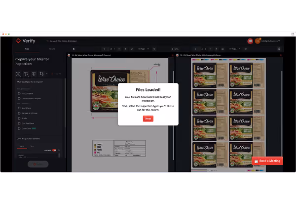 Screen showing Upload and inspection interface with food packaging files loaded and ready for review.