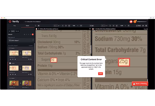 Software detects a critical content error comparing sugar content 5g vs 25g on nutrition labels.