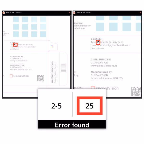 Comparison showing error detecting '2-5' as '25' on product labels with error message.