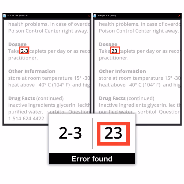 Comparison of dosage text showing error: 2-3 caplets versus incorrect 23 caplets highlighted in red.