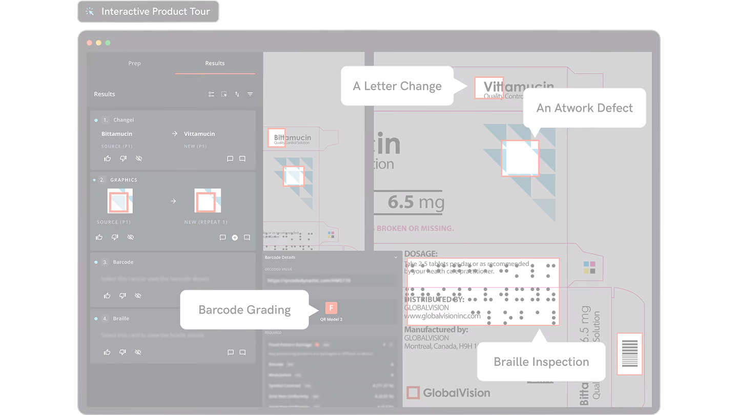 Product label inspection interface highlighting letter change, artwork defect, barcode grading, and braille inspection.