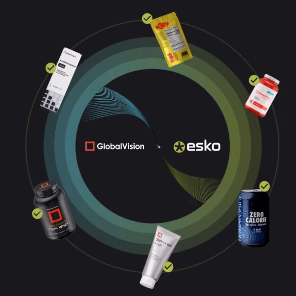 Packaging products including supplements, sunscreen, and beverage surround GlobalVision and Esko logos in concentric circles.