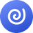 Blue circular icon with a white spiral swirl in the center