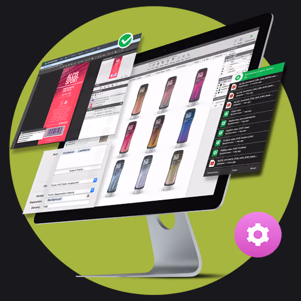 Computer screen showing product packaging designs and interface panels with a green checkmark and gear icon.