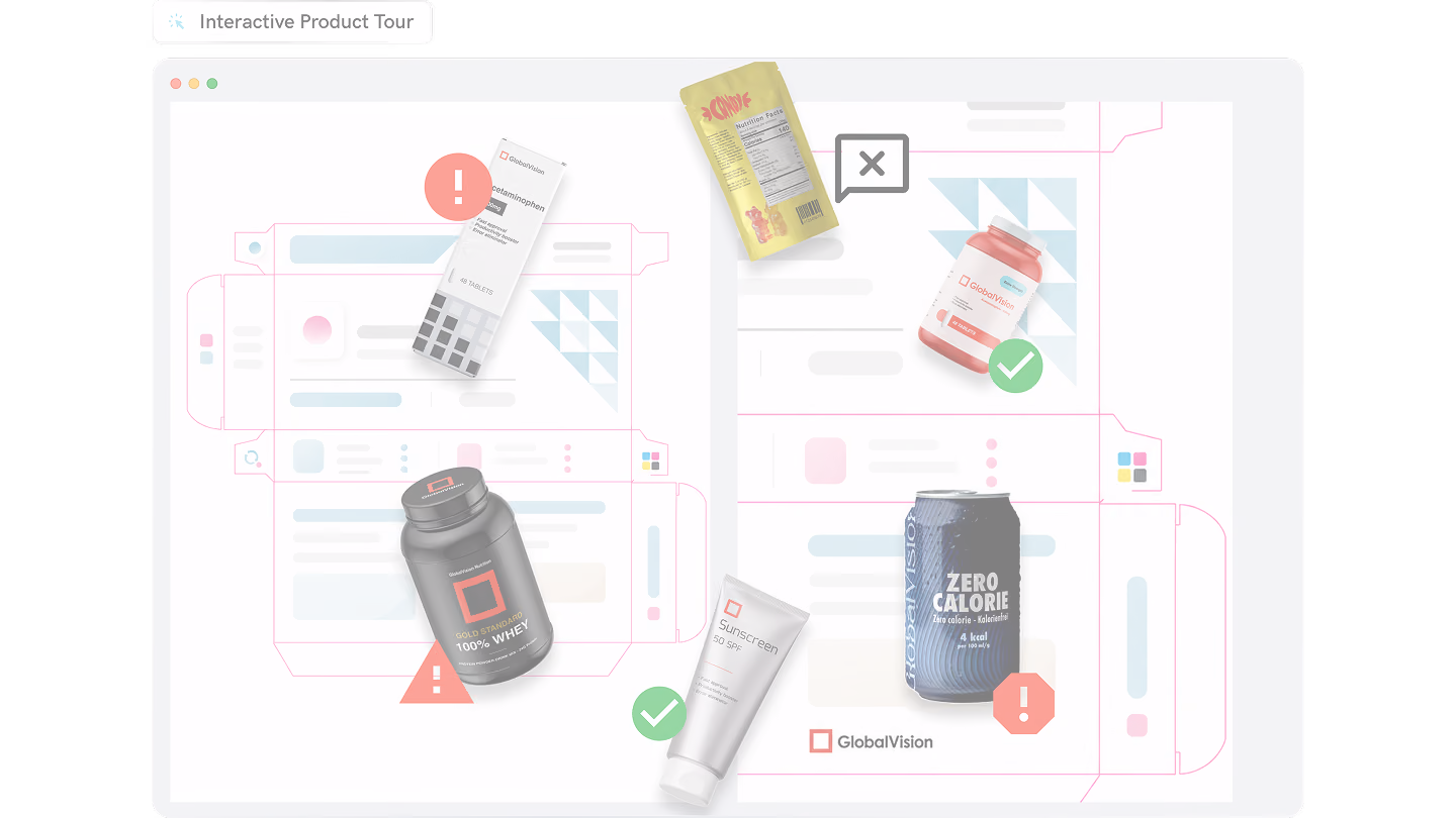 Product packaging designs with global vision branding and icons marking errors and approvals.