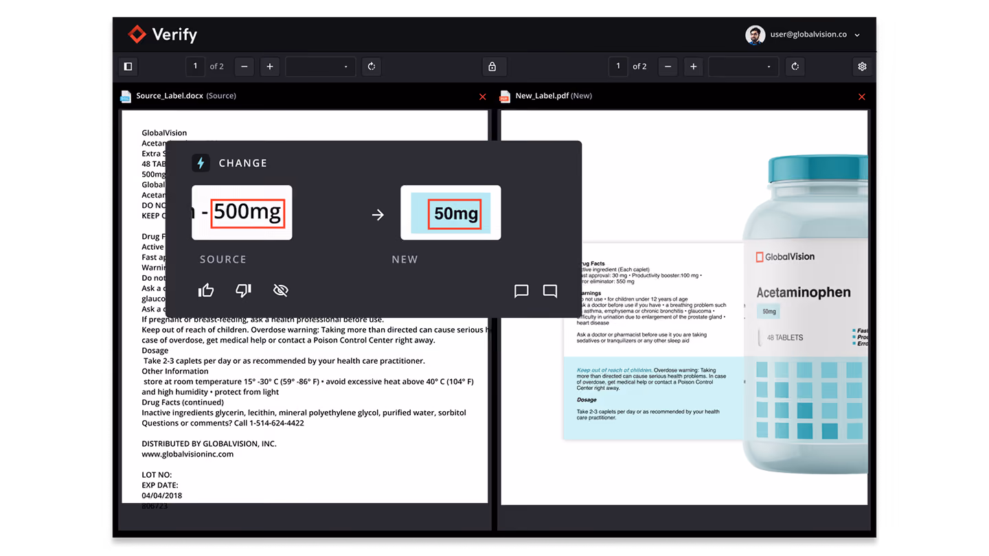 Compare view highlighting a change from 500mg to 50mg on acetaminophen label document and bottle image.