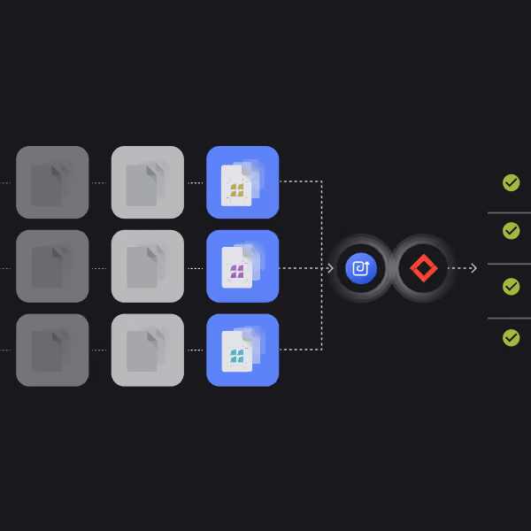 Graphic showing a flowchart with three rows of document icons moving from gray to blue and linking to two circular icons, followed by check marks on a dark background.