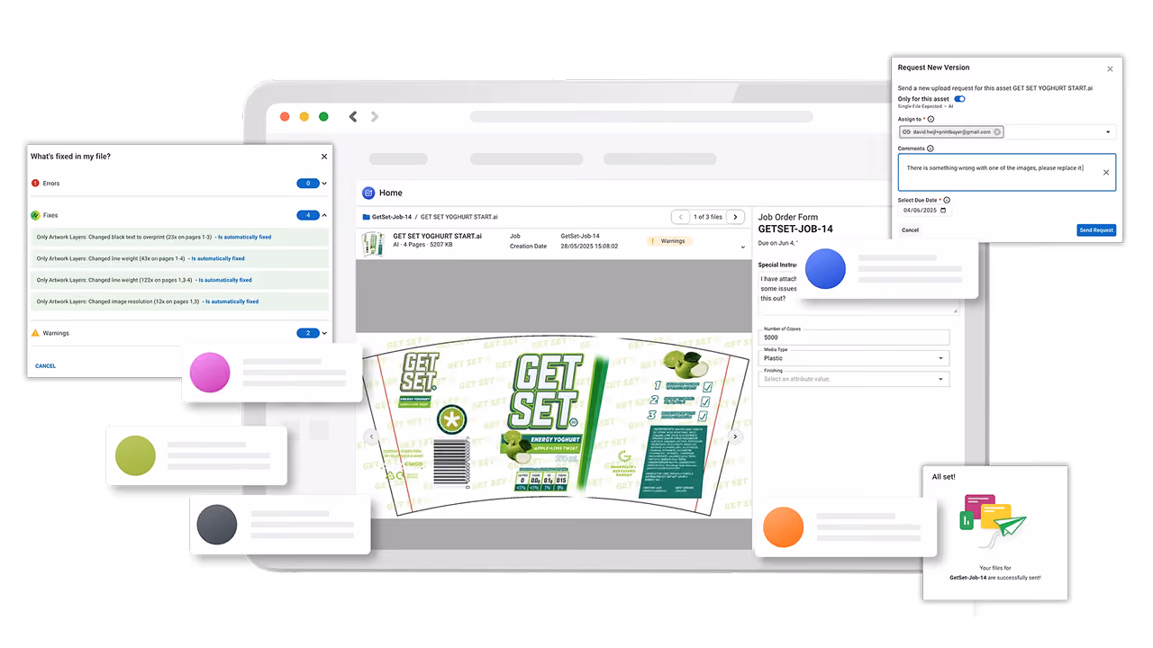Screen displaying a design review interface for a yogurt packaging file, showing fixed issues, warnings, job details, a request for new version form, and a confirmation message for successful file submission.