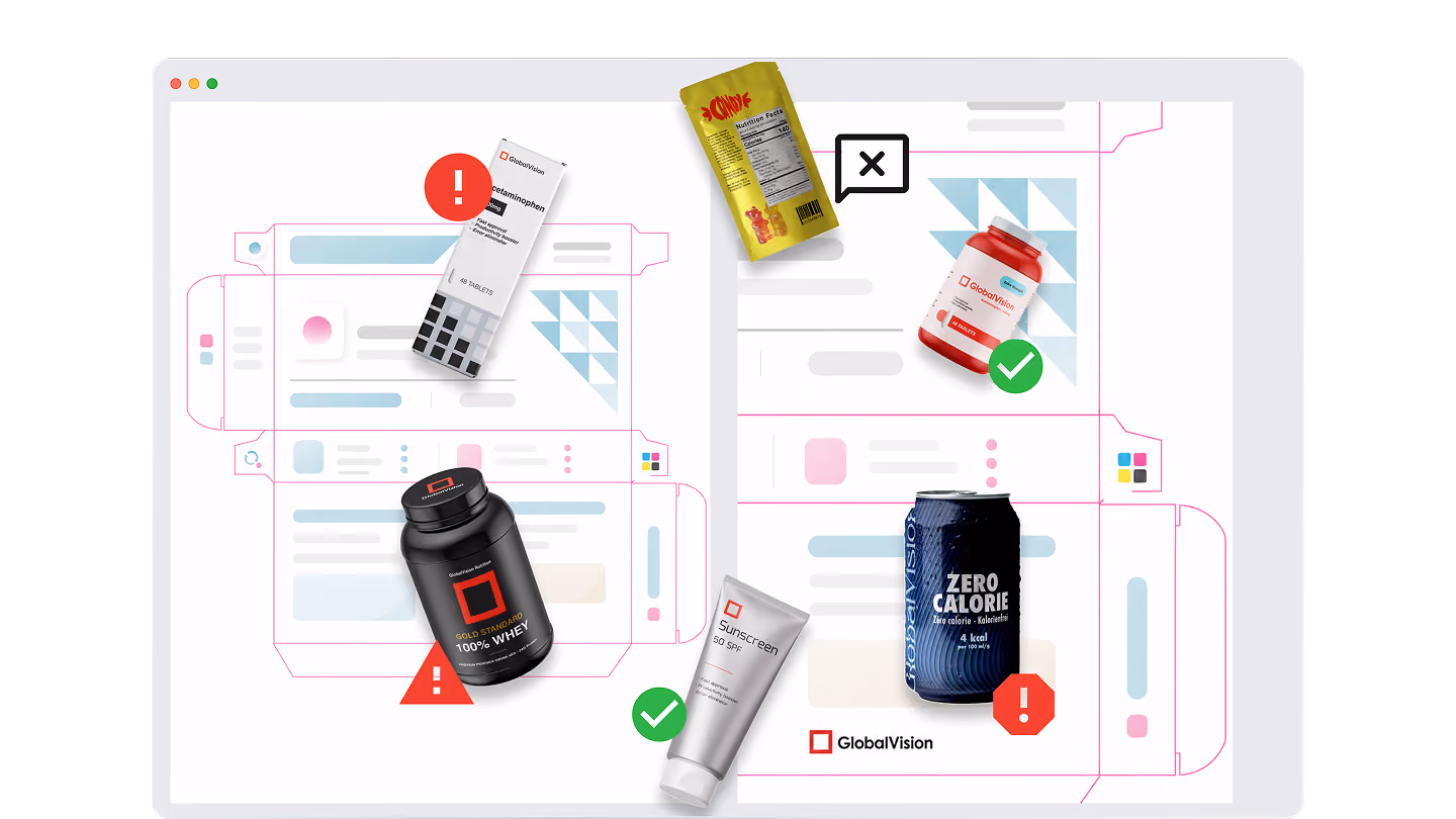 Graphic showing product packaging proofs of various items including medicine, supplements, sunscreen, candy, and beverage with red error and green check icons indicating quality or compliance issues, branded with GlobalVision logo.