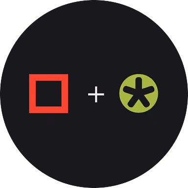 A red outlined square symbol next to a white plus sign and a green circle with a black asterisk inside, all on a black circular background.