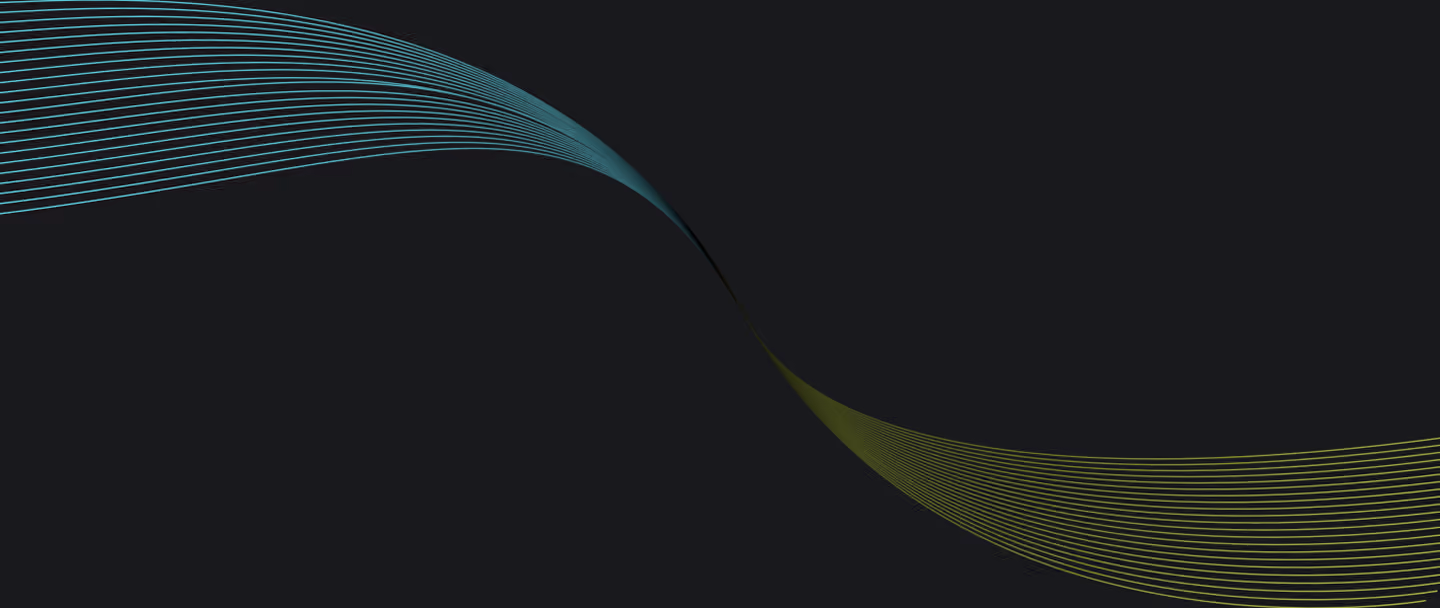 Abstract dark background with two flowing curved lines, one teal and one yellow-green, crossing each other.