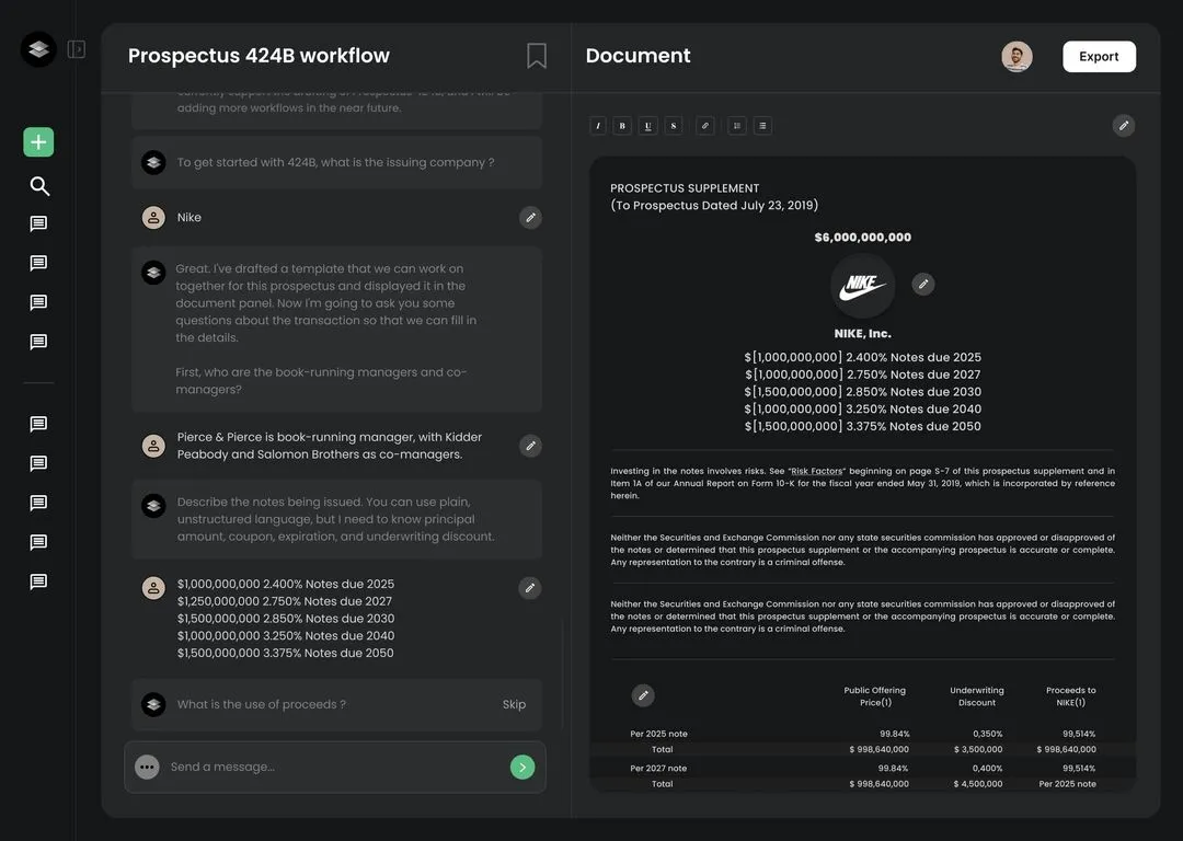 User interface of a financial document editor showing a conversation about a 424B prospectus workflow for Nike, and a detailed prospectus supplement document with note amounts, interest rates, and due dates.