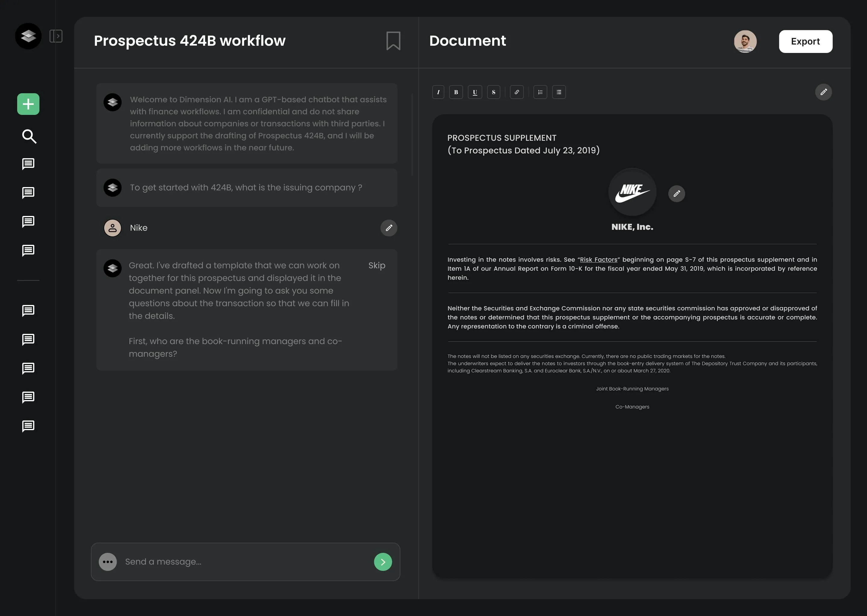User interface screen showing a GPT-based chatbot assisting with drafting a Prospectus 424B document for Nike, displaying chat interactions on the left and a prospectus supplement document preview on the right.