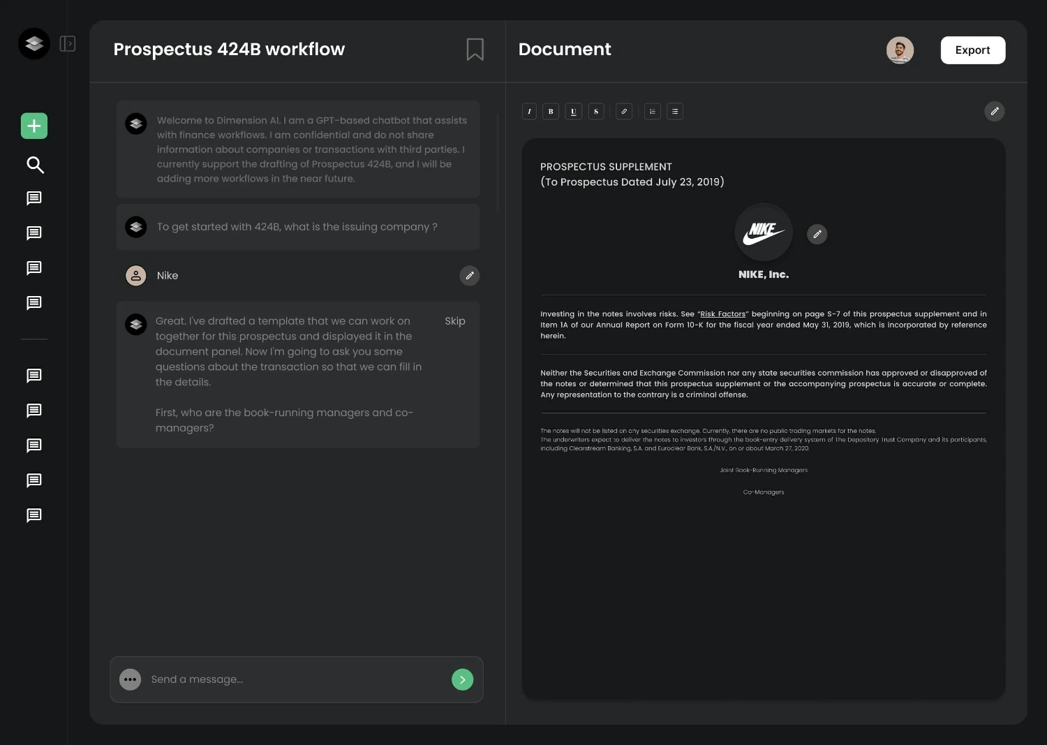 Screenshot of a financial AI chatbot drafting a Prospectus 424B document for Nike, showing conversation on the left and the formatted prospectus supplement on the right.