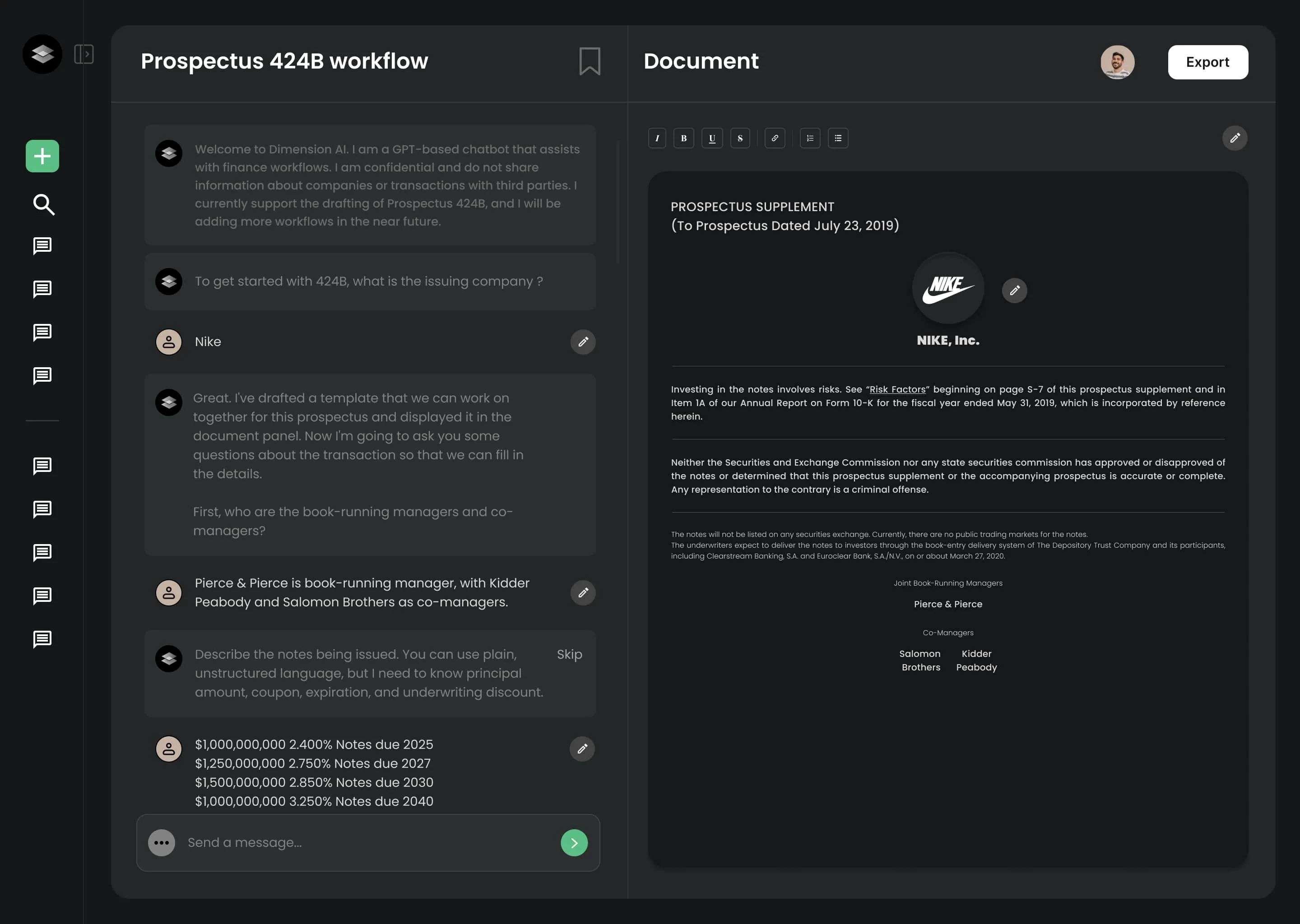 Screenshot of a financial AI chatbot drafting a Prospectus 424B document for Nike, showing conversation on the left and the formatted prospectus supplement on the right.