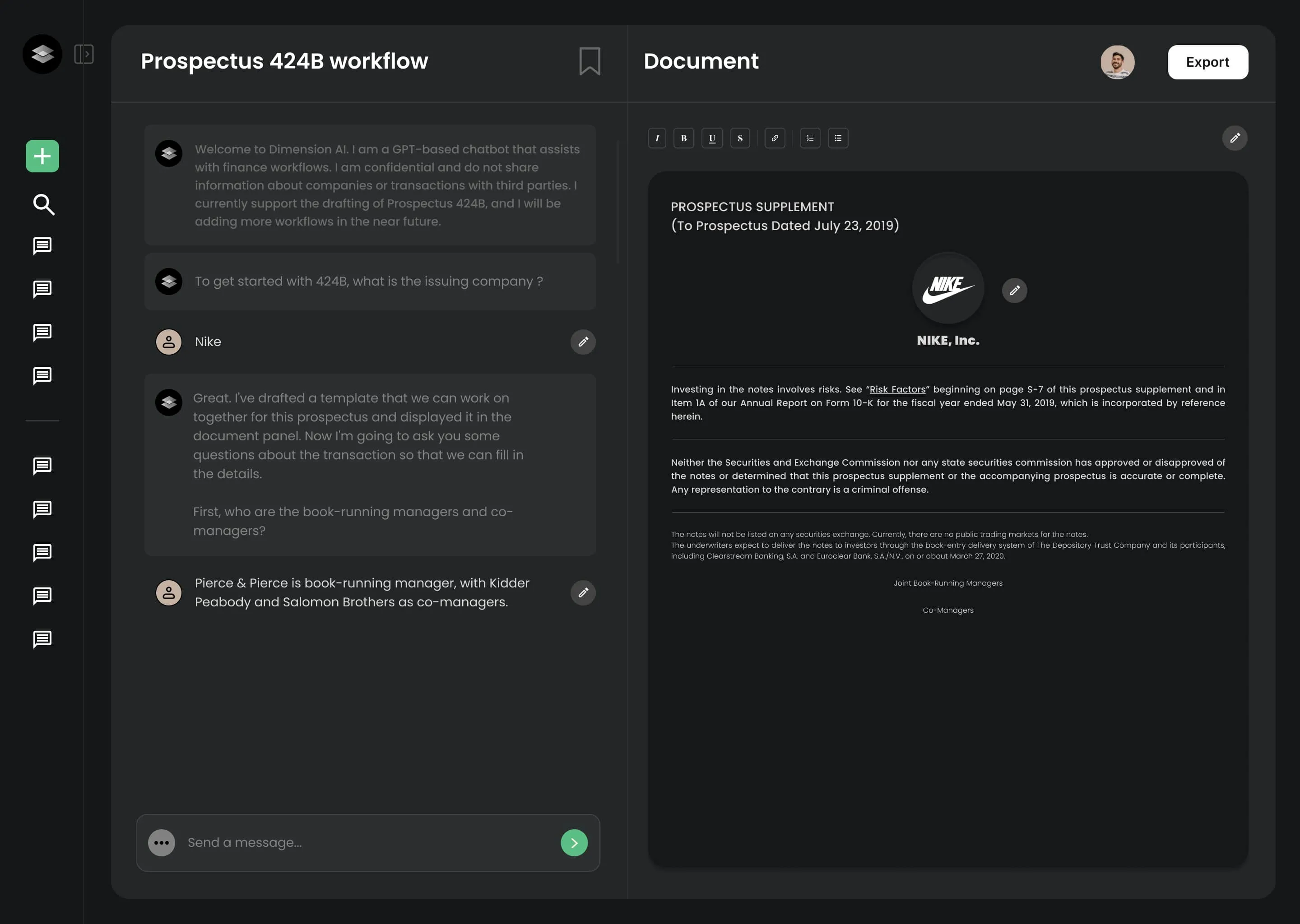 Screenshot of Dimension AI chatbot interface drafting a Prospectus 424B for Nike, showing chat dialogue and a document preview with Nike logo and prospectus supplement details.