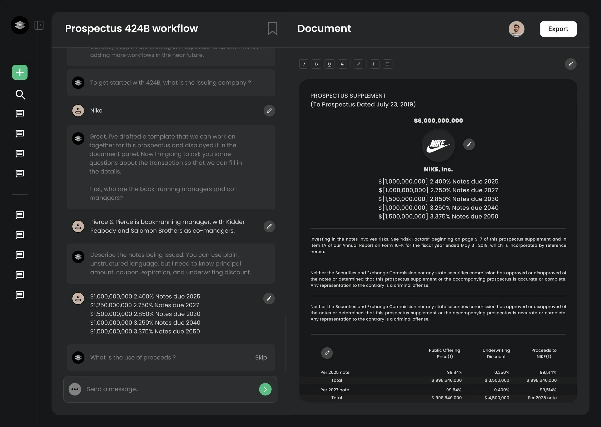 User interface showing a Prospectus 424B workflow conversation on the left and a Nike, Inc. prospectus supplement document on the right with note details and financial terms.