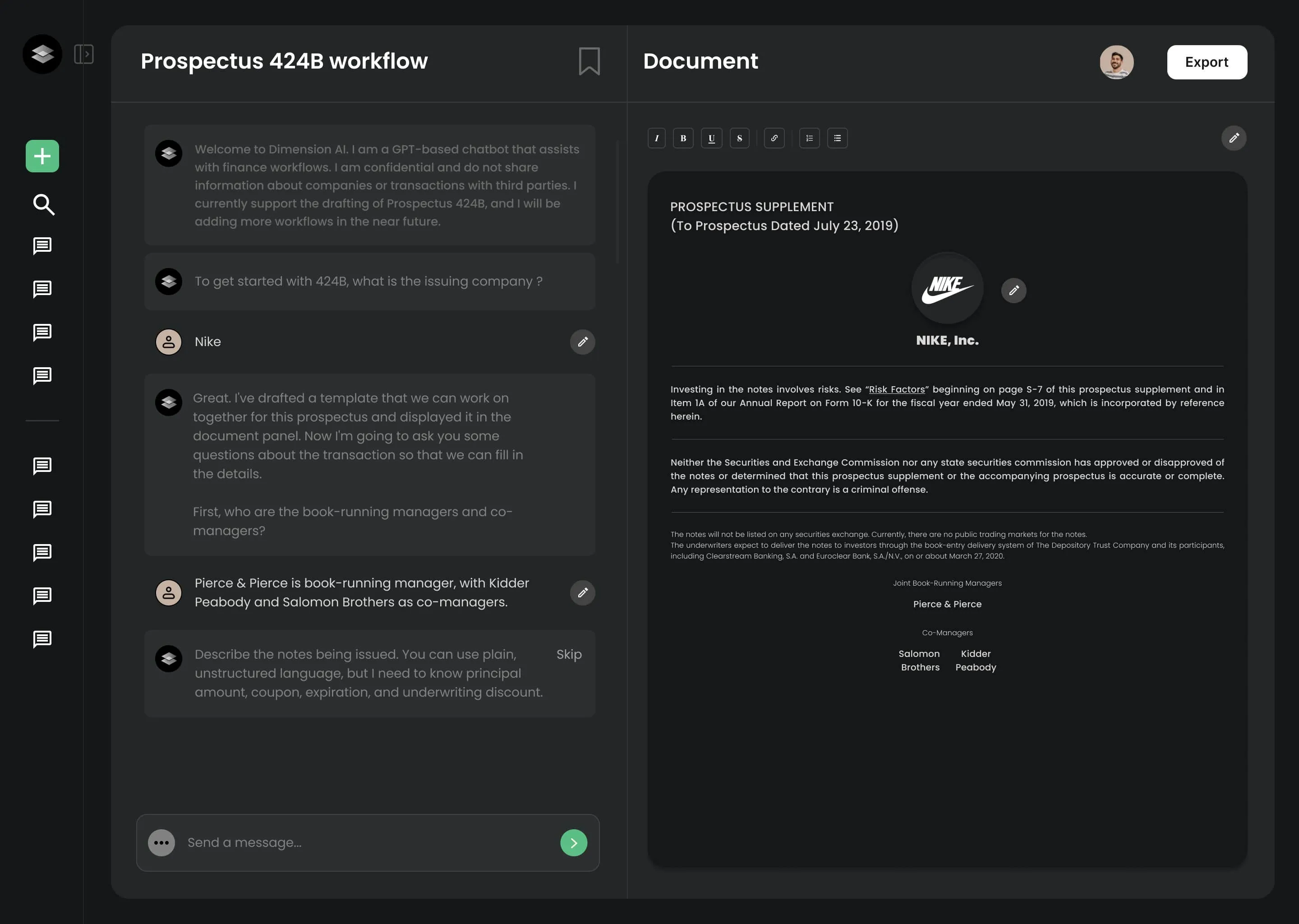 User interface of Dimension AI chatbot drafting a Prospectus 424B document for Nike, showing conversation on the left and a formatted prospectus supplement on the right.