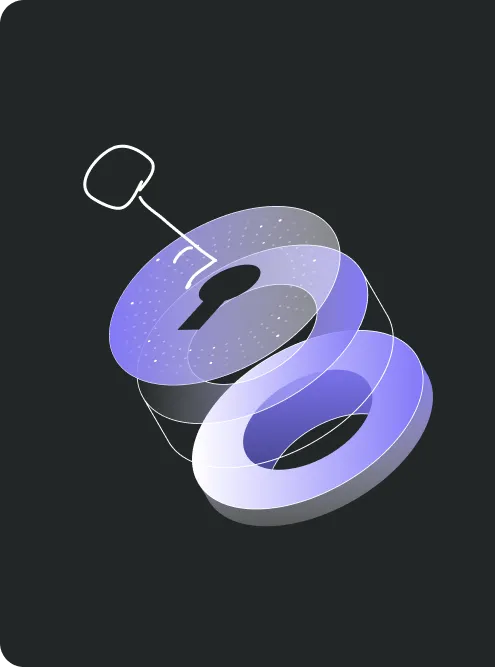 An artistic illustration of two overlapping, translucent padlocks in shades of blue with a keyhole visible on the top lock, set against a dark background, suggesting themes of security or privacy.